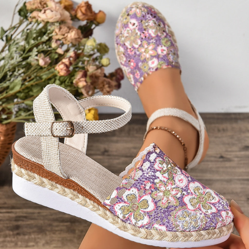 Crochet Floral Espadrille Sandals Ankle Strap Woven Mid Heels Shoes