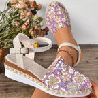 Crochet Floral Espadrille Sandals Ankle Strap Woven Mid Heels Shoes