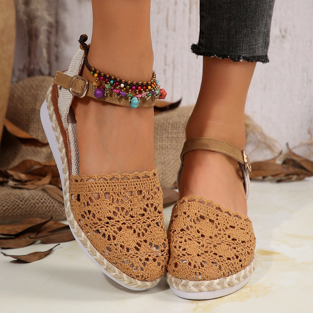 Crochet Floral Espadrille Sandals Ankle Strap Woven Mid Heels Shoes