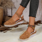 Crochet Floral Espadrille Sandals Ankle Strap Woven Mid Heels Shoes