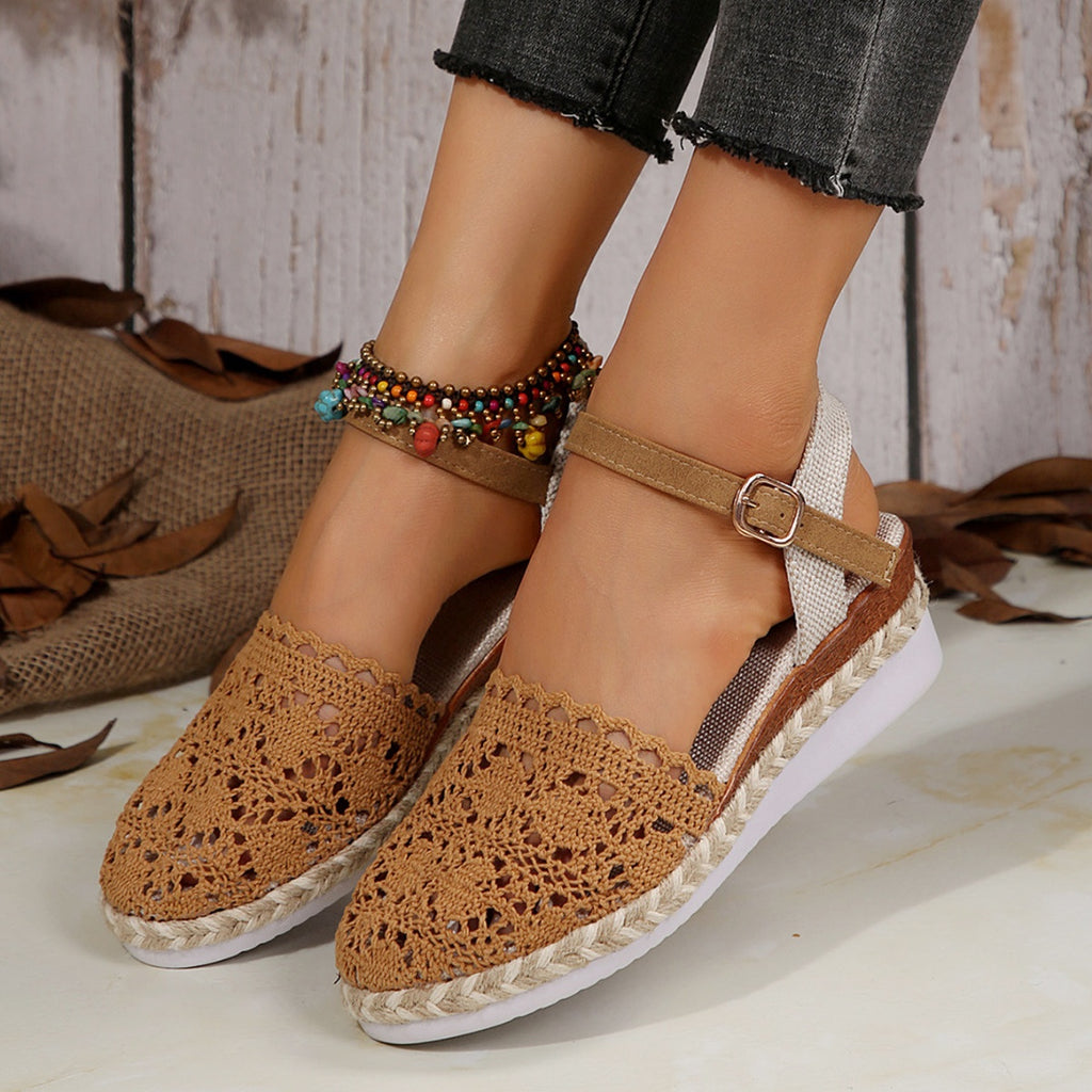 Crochet Floral Espadrille Sandals Ankle Strap Woven Mid Heels Shoes