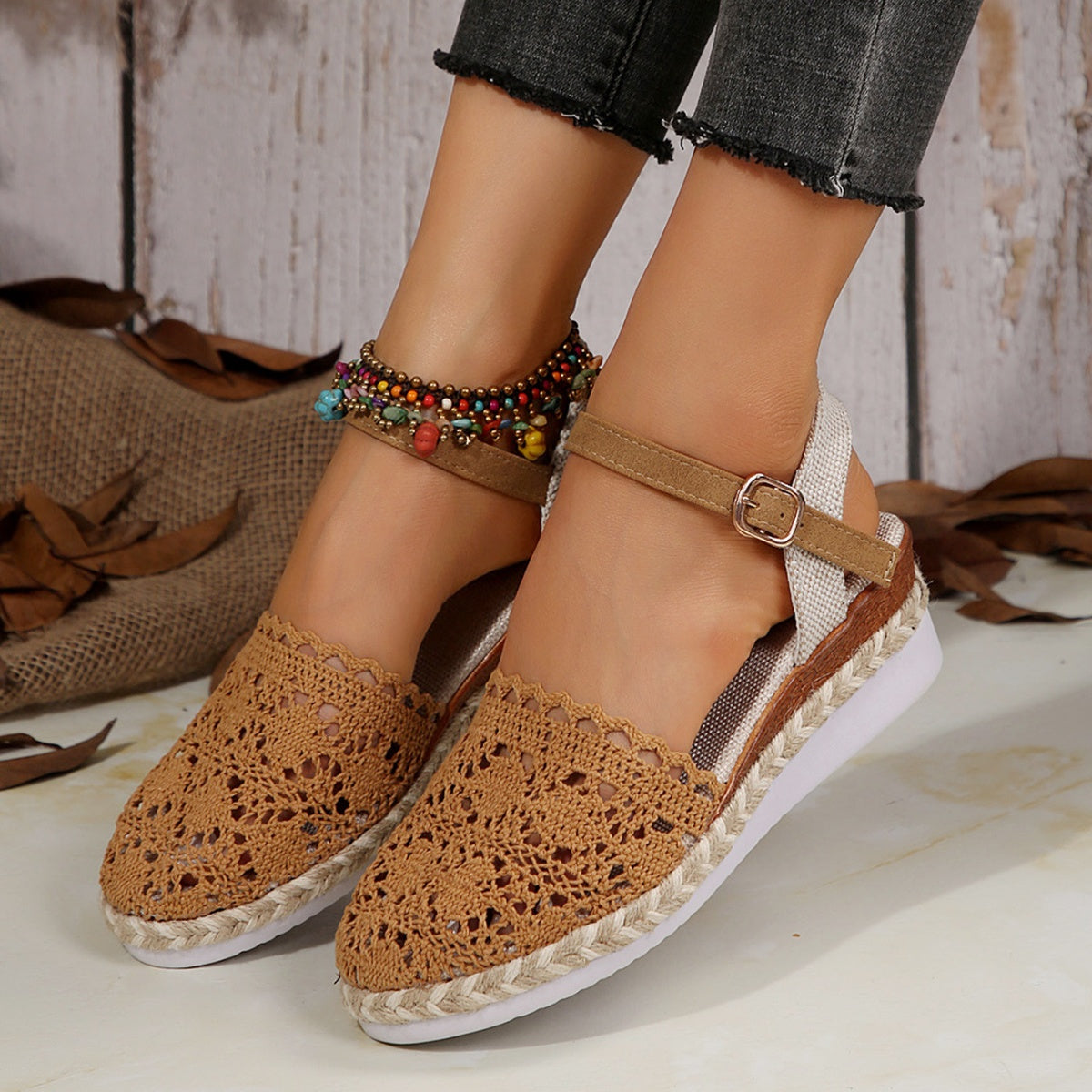 Crochet Floral Espadrille Sandals Ankle Strap Woven Mid Heels Shoes