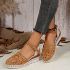 Crochet Floral Espadrille Sandals Ankle Strap Woven Mid Heels Shoes