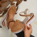 Crochet Floral Espadrille Sandals Ankle Strap Woven Mid Heels Shoes
