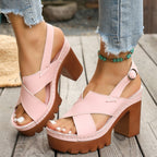 Sandals Open Toe Block Heels Criss Cross Pu Leather Summer High Heel Shoes