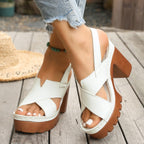 Sandals Open Toe Block Heels Criss Cross Pu Leather Summer High Heel Shoes