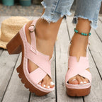 Sandals Open Toe Block Heels Criss Cross Pu Leather Summer High Heel Shoes