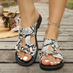 Women's Summer Sandals Snakeskin Pattern Open Toe Block Low Heels Shoes