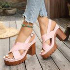 Sandals Open Toe Block Heels Criss Cross Pu Leather Summer High Heel Shoes