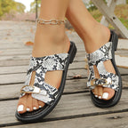 Women's Summer Sandals Snakeskin Pattern Open Toe Block Low Heels Shoes