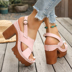 Sandals Open Toe Block Heels Criss Cross Pu Leather Summer High Heel Shoes