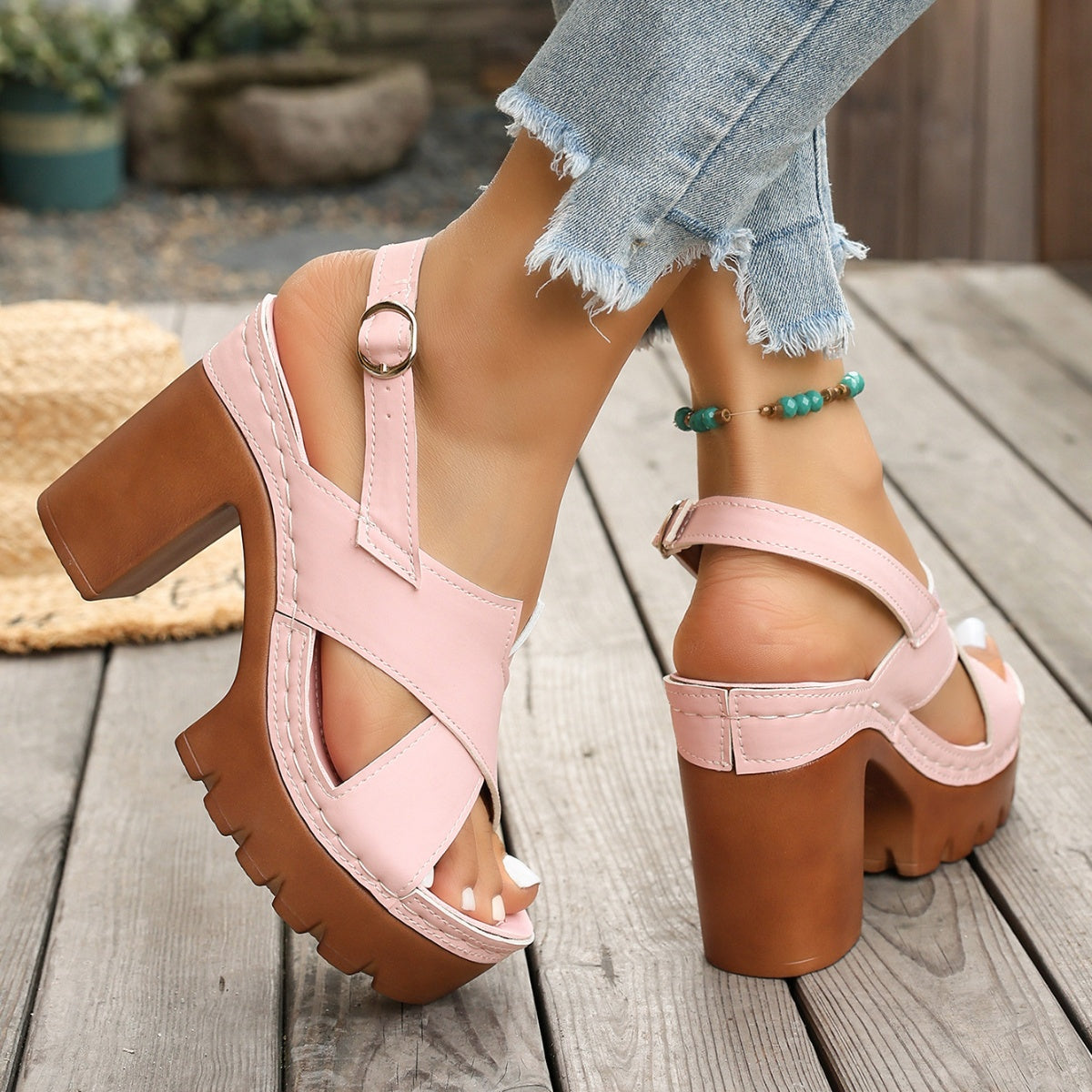 Sandals Open Toe Block Heels Criss Cross Pu Leather Summer High Heel Shoes