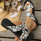 Women's Summer Sandals Snakeskin Pattern Open Toe Block Low Heels Shoes