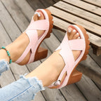 Sandals Open Toe Block Heels Criss Cross Pu Leather Summer High Heel Shoes