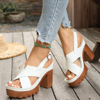 Sandals Open Toe Block Heels Criss Cross Pu Leather Summer High Heel Shoes