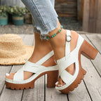 Sandals Open Toe Block Heels Criss Cross Pu Leather Summer High Heel Shoes