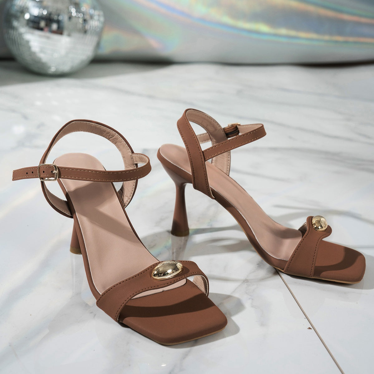 Women's High Flare Heels Sandals Open Toe Pu Leather Buckle Strap Shoes