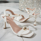 Women's High Flare Heels Sandals Open Toe Pu Leather Buckle Strap Shoes