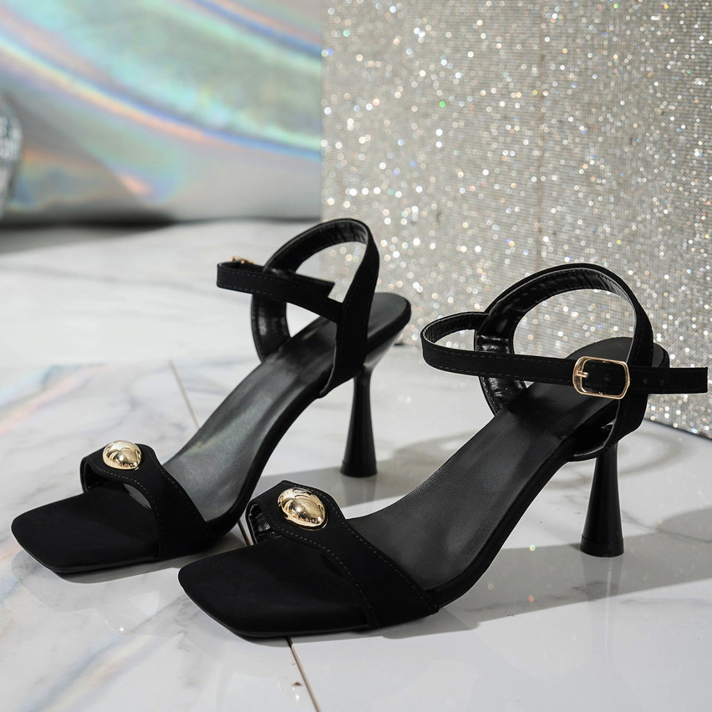Women's High Flare Heels Sandals Open Toe Pu Leather Buckle Strap Shoes