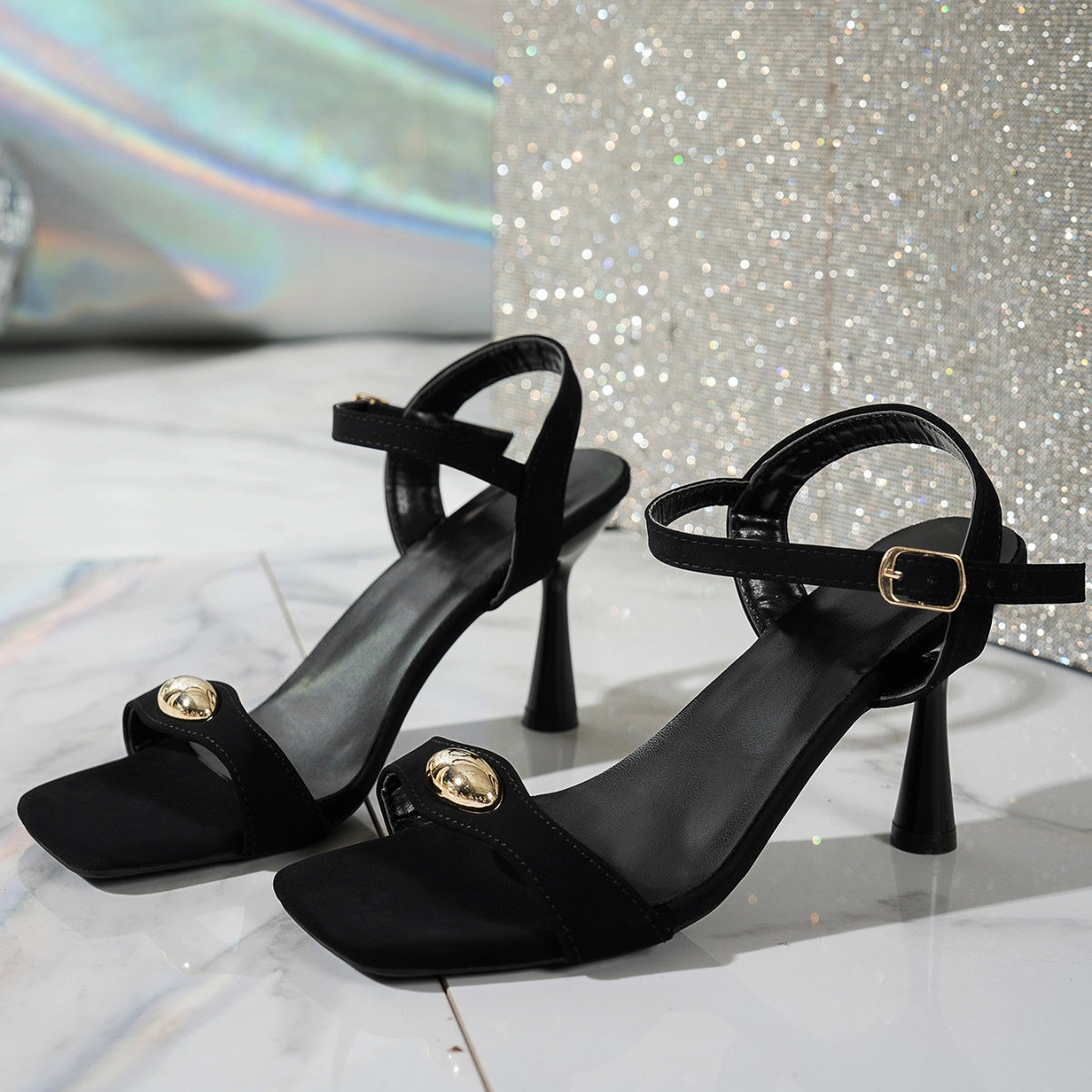 Women's High Flare Heels Sandals Open Toe Pu Leather Buckle Strap Shoes