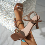 Women's High Flare Heels Sandals Open Toe Pu Leather Buckle Strap Shoes