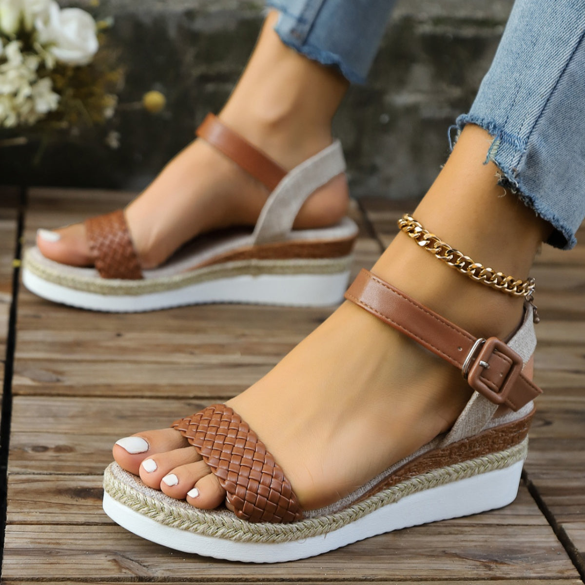 Women's Summer Platform Sandals Woven Pu Leather Open Toe Rubber Shoes