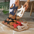 Casual Wedge Sandals Open Toe Floral Cut Out Mid Heels Summer Shoes