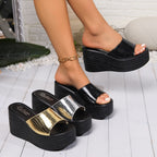 Casual Wedge Sandals Croco Pu Leather Pattern High Heels Open Toe Shoes