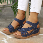 Casual Wedge Sandals Open Toe Floral Cut Out Mid Heels Summer Shoes