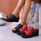 Women's Wedge Sandals Casual Pu Leather Strap Open Toe High Heel Shoes