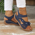 Casual Wedge Sandals Open Toe Floral Cut Out Mid Heels Summer Shoes