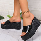 Casual Wedge Sandals Croco Pu Leather Pattern High Heels Open Toe Shoes