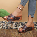 Casual Women's Wedge Sandals Open Toe Mid Heels Pu Leather Summer Shoes