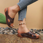 Casual Women's Wedge Sandals Open Toe Mid Heels Pu Leather Summer Shoes