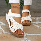 Casual Wedge Sandals Open Toe Floral Cut Out Mid Heels Summer Shoes