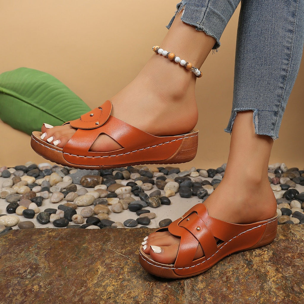 Casual Women's Wedge Sandals Open Toe Mid Heels Pu Leather Summer Shoes