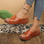 Casual Women's Wedge Sandals Open Toe Mid Heels Pu Leather Summer Shoes