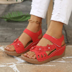 Casual Wedge Sandals Open Toe Floral Cut Out Mid Heels Summer Shoes