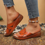 Casual Women's Wedge Sandals Open Toe Mid Heels Pu Leather Summer Shoes