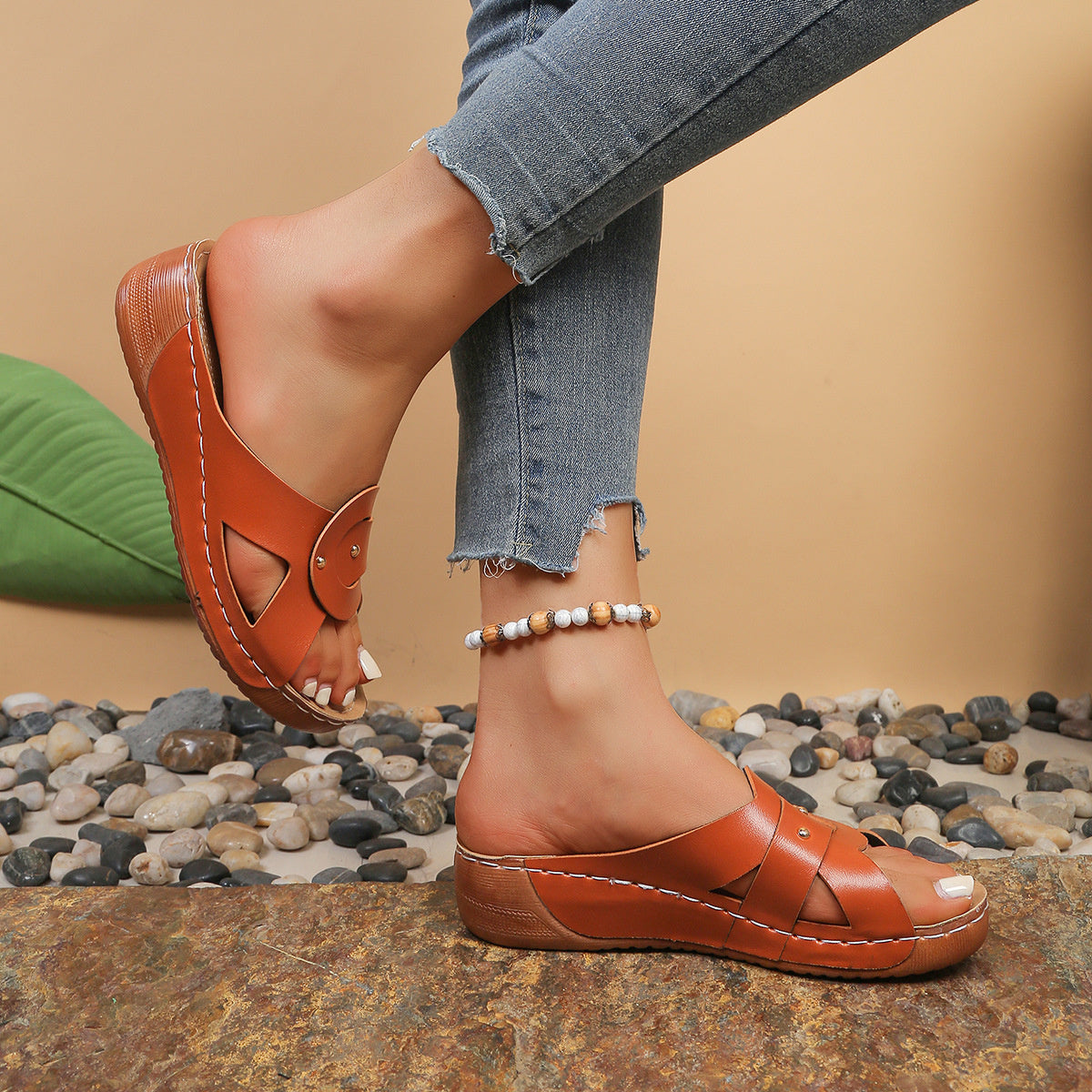 Casual Women's Wedge Sandals Open Toe Mid Heels Pu Leather Summer Shoes