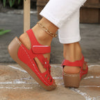 Casual Wedge Sandals Open Toe Floral Cut Out Mid Heels Summer Shoes
