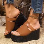 Women's Casual Wedge Sandals Open Toe Pu Leather High Heel Summer Shoes