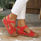 Casual Wedge Sandals Open Toe Floral Cut Out Mid Heels Summer Shoes