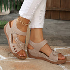 Casual Wedge Sandals Open Toe Floral Cut Out Mid Heels Summer Shoes