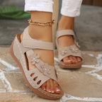 Casual Wedge Sandals Open Toe Floral Cut Out Mid Heels Summer Shoes
