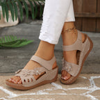 Casual Wedge Sandals Open Toe Floral Cut Out Mid Heels Summer Shoes