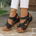 Casual Wedge Sandals Open Toe Floral Cut Out Mid Heels Summer Shoes