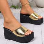 Casual Wedge Sandals Croco Pu Leather Pattern High Heels Open Toe Shoes