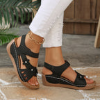 Casual Wedge Sandals Open Toe Floral Cut Out Mid Heels Summer Shoes