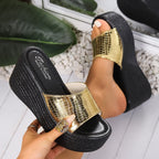 Casual Wedge Sandals Croco Pu Leather Pattern High Heels Open Toe Shoes